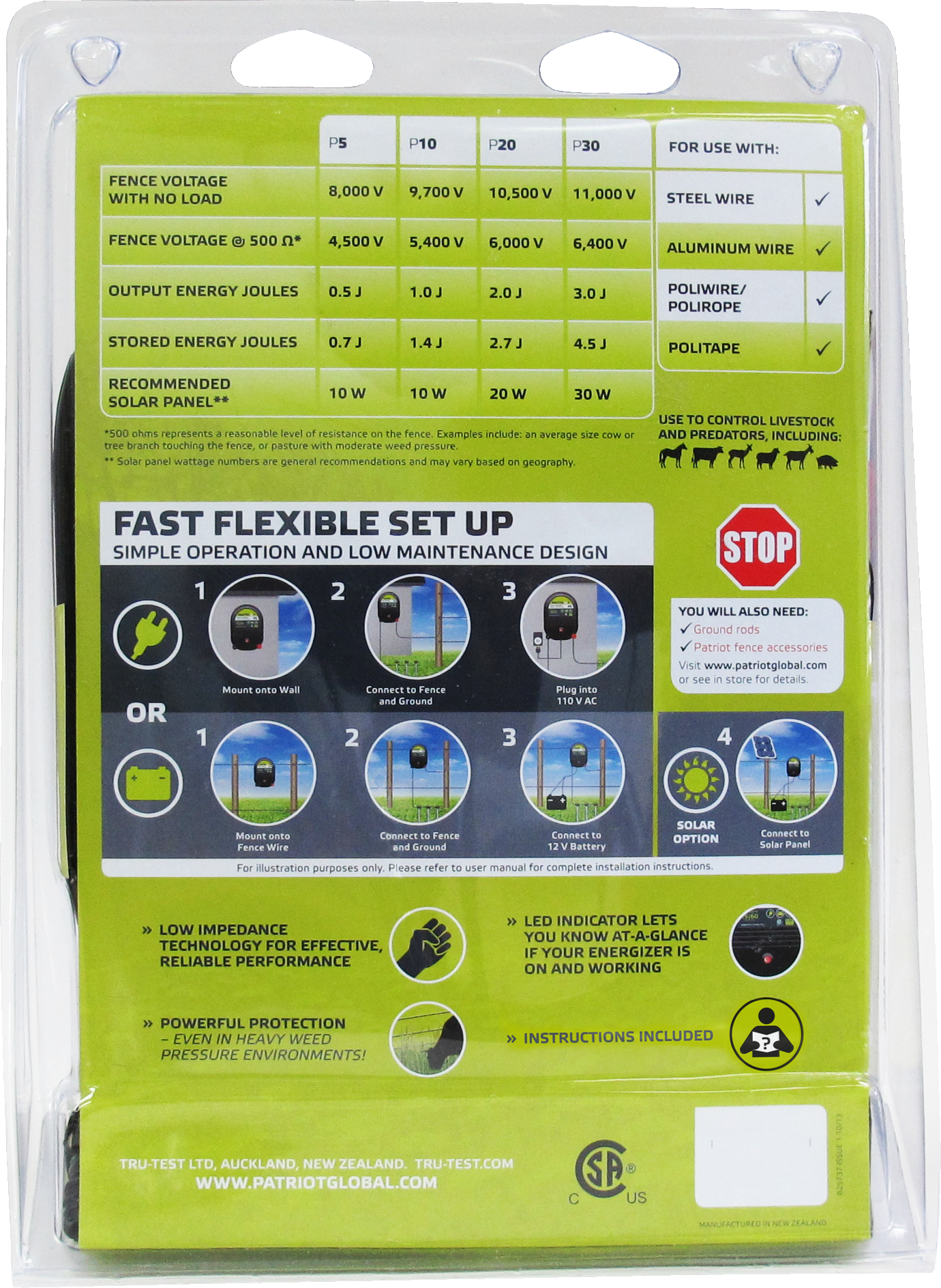 Patriot P10 Dual Power Electric Fence Charger - 1J, 30 Mile, 110V/12V