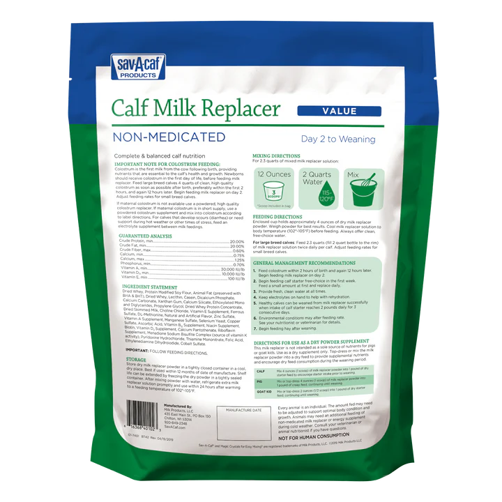 Sav-A-Caf Value Calf Milk Replacer Non-Medicated | 20% Protein & 20% Fat Nutrition | 9 lb Bag
