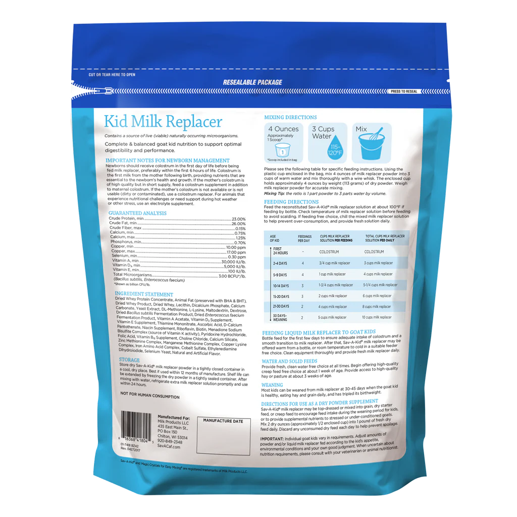 Sav-A-Kid Milk Replacer | 23% Protein & 26% Fat Nutrition for Goat Kids | 8 lb Pouch