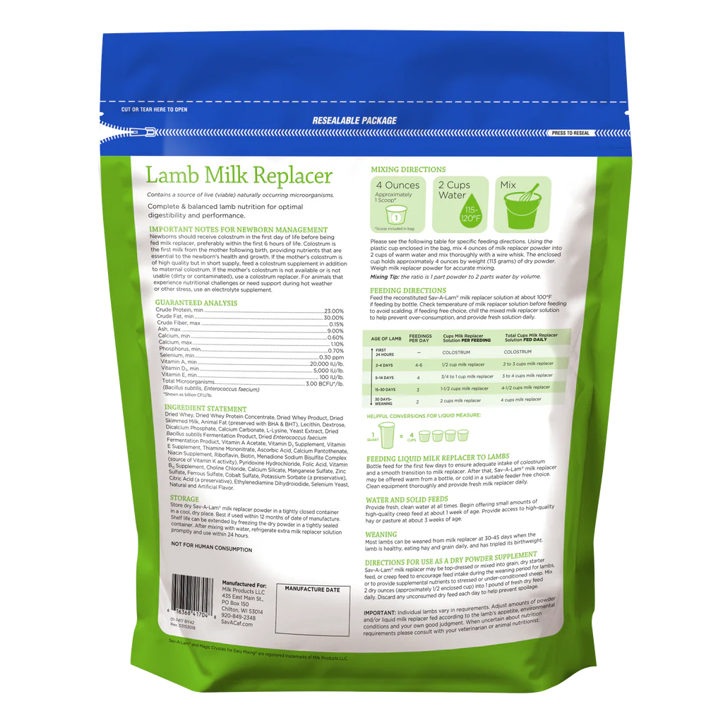 Sav-A-Lamb Milk Replacer | 23% Protein & 30% Fat Nutrition for Lambs | 8 lb Pouch