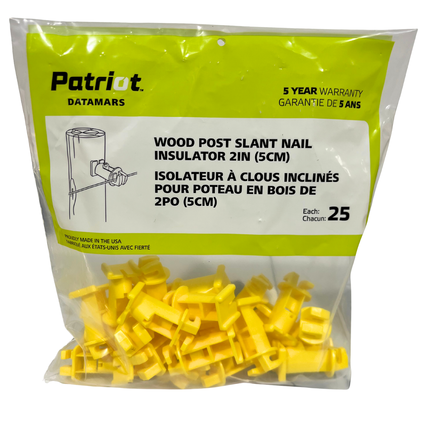 Patriot Electric Fence Wood Post Slant Nail-In Insulator | 2" Extender, Yellow, 25-Pack