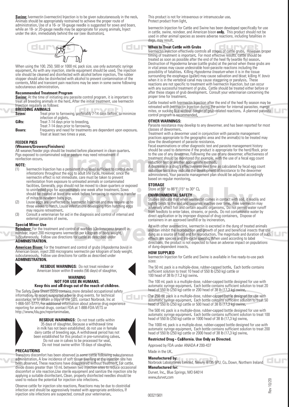 Durvet Ivermectin Injection 1% – Cattle & Swine Wormer, 50-500ml