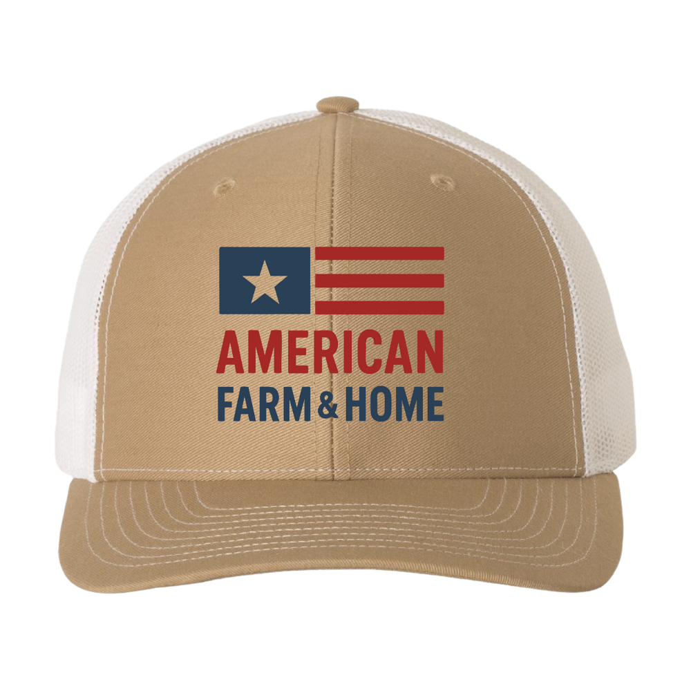 Mesh Snap-back Richardson 112 Khaki/White Hat | Red, White, Blue Logo