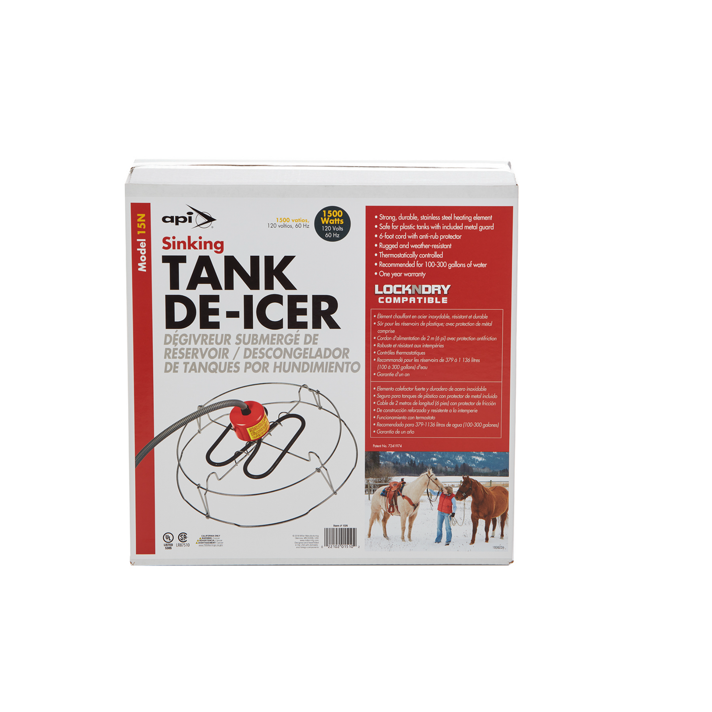 API Sinking De-Icer | 1500W Livestock Tank Heater with Thermostat & Metal Guard | For 100–300 Gallon