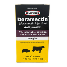 A box of Durvet Doramectin 10 mg/mL injectable solution for cattle and swine, featuring a black, white, and yellow packaging design with silhouettes of a pig and a cow.