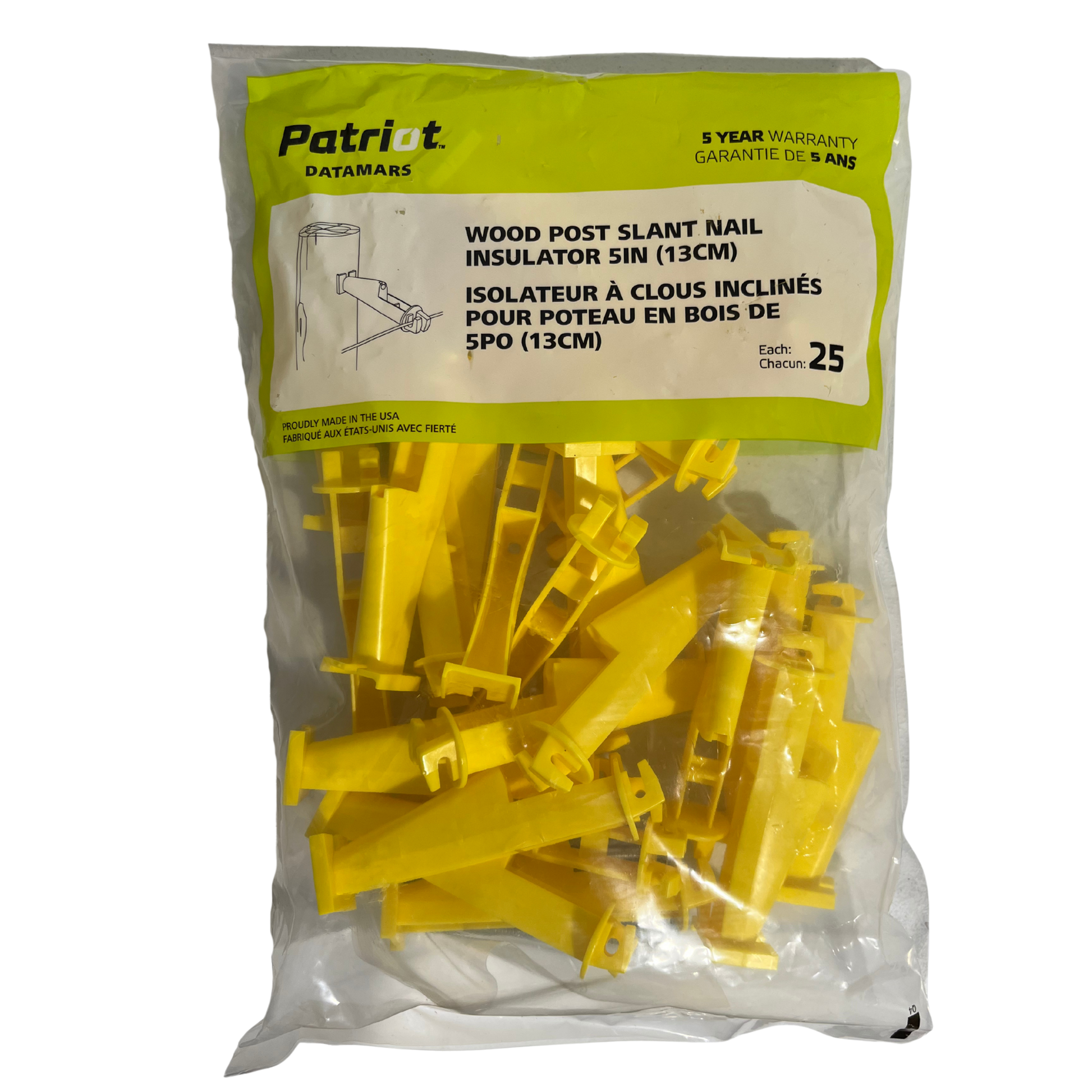 Patriot Electric Fence Wood Post Slant Nail-In Insulator | 5" Extender, Yellow, 25-Pack