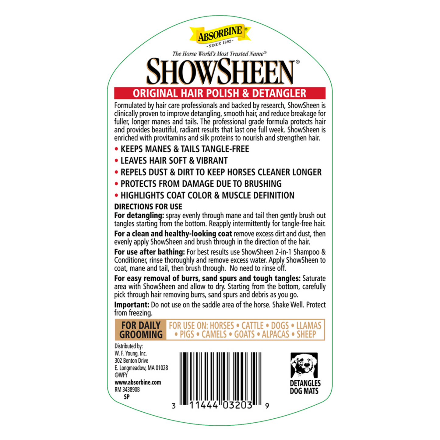 Absorbine ShowSheen Hair Polish & Detangler Spray | Mane, Tail & Coat Shine, 32 fl oz