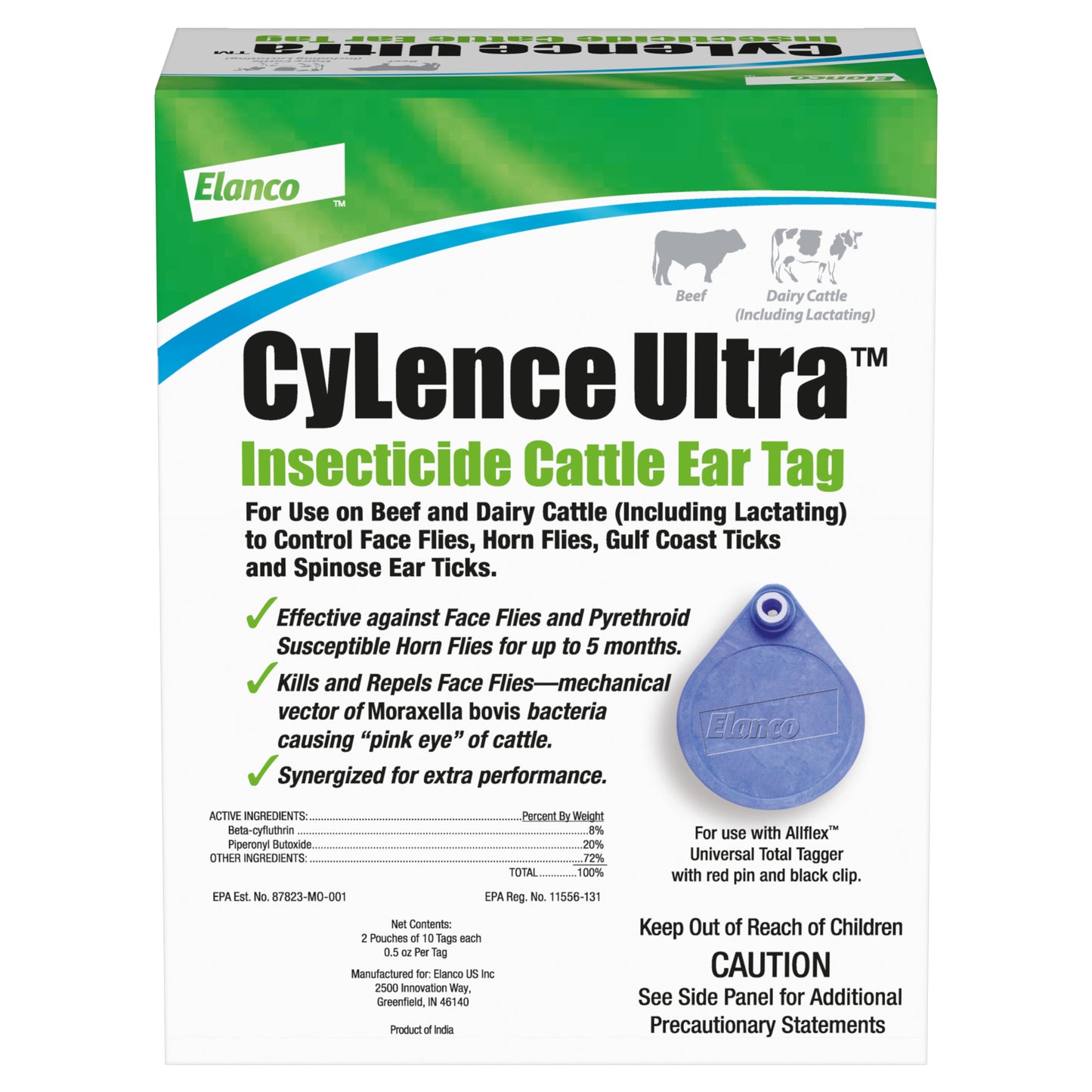 Elanco CyLence Ultra Insecticide Cattle Ear Tags, Fly & Tick Control, 20 Count