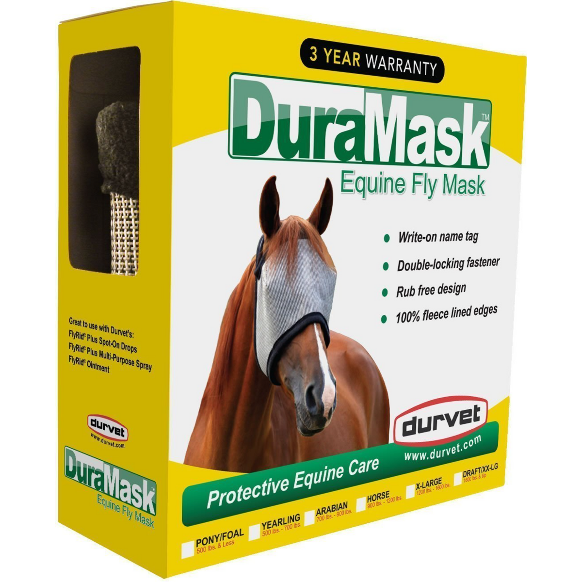 A yellow and white retail box for the DuraMask Equine Fly Mask, featuring a photo of a brown horse wearing the fly mask and product details on the front.