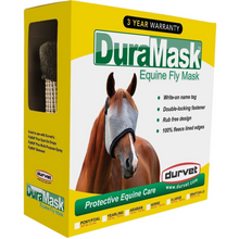 A yellow and white retail box for the DuraMask Equine Fly Mask, featuring a photo of a brown horse wearing the fly mask and product details on the front.