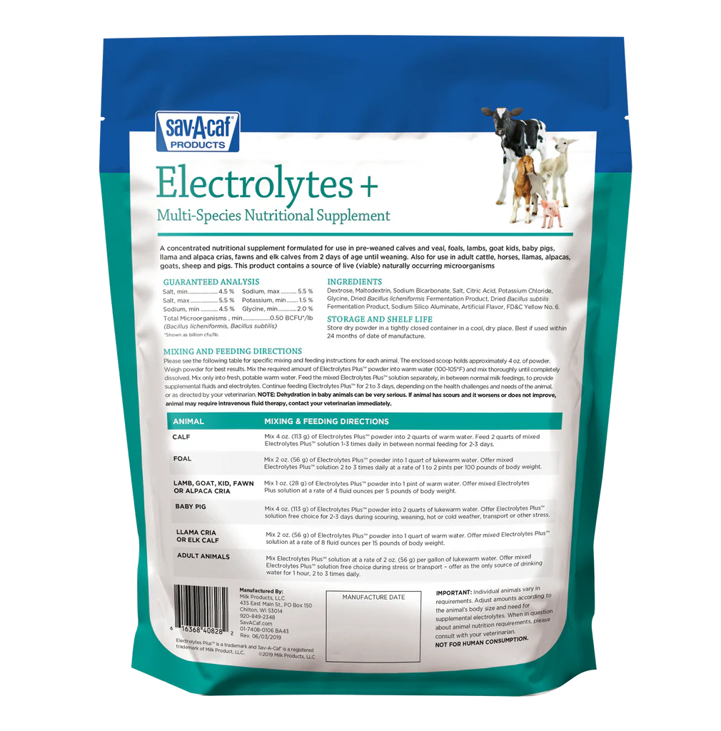 Sav-A-Caf Electrolytes Plus Supplement | Hydration & Energy for Calves & Livestock | 4 oz