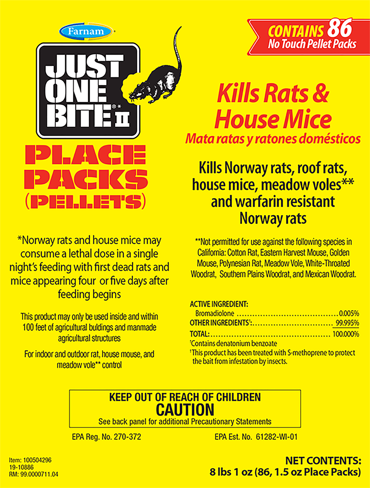 Just One Bite II Place Packs | Pellet Rodent Bait | 86 Packs - 8 lb