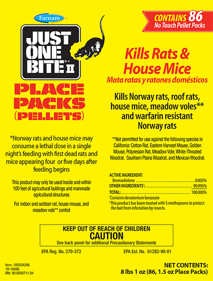 Just One Bite II Place Packs | Pellet Rodent Bait | 86 Packs - 8 lb