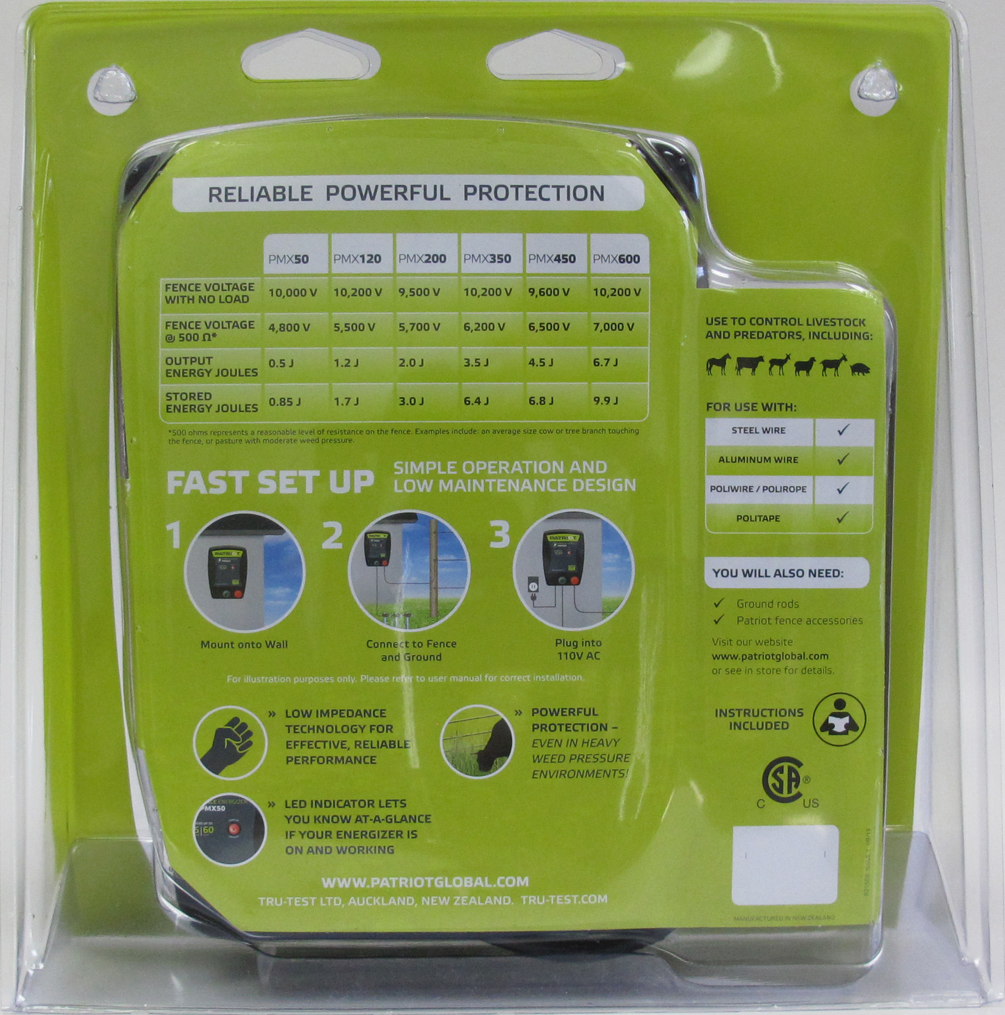 Patriot PMX50 110V Electric Fence Charger - 0.50J, 15 Mile Output