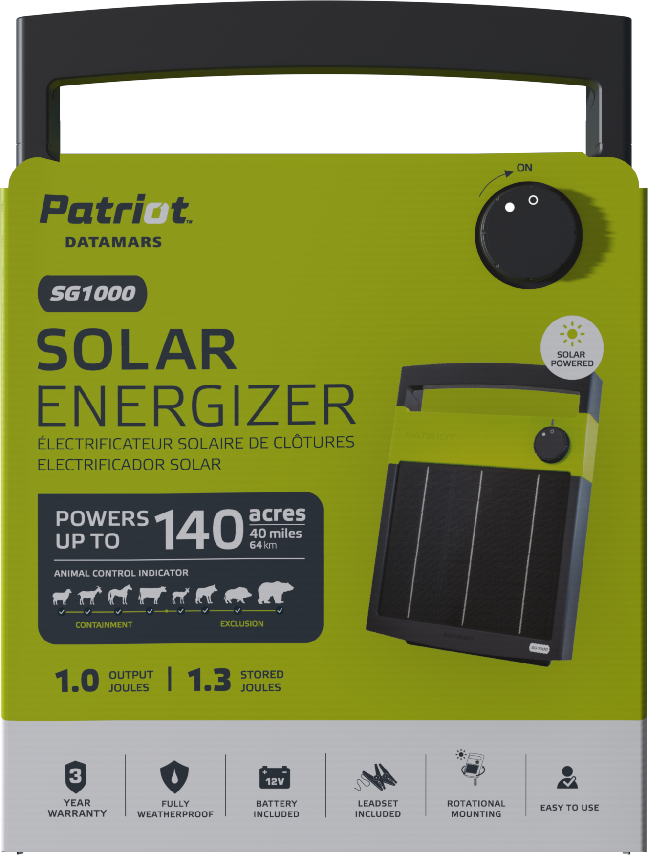 Patriot SG1000 Solar Electric Fence Charger - 12V Battery, 1J, 40 Mile
