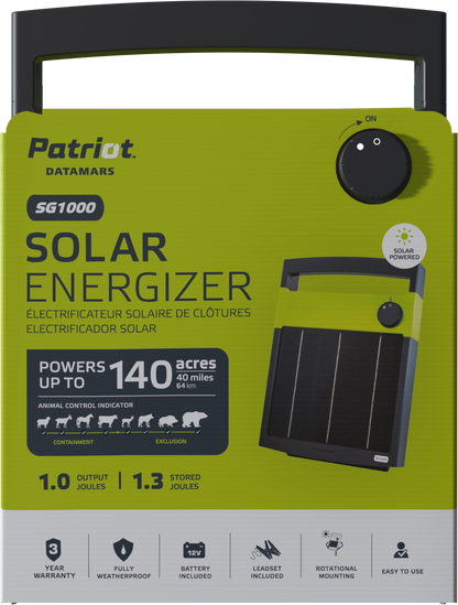 Patriot SG1000 Solar Electric Fence Charger - 12V Battery, 1J, 40 Mile