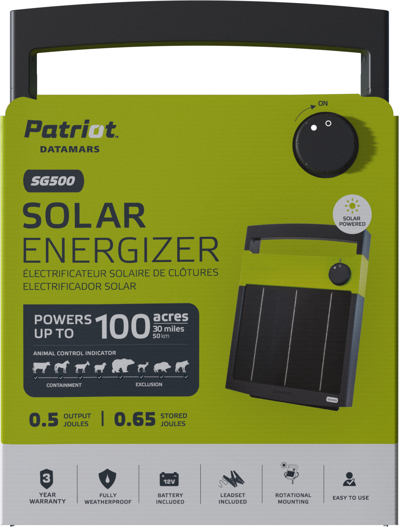 Patriot SG500 Solar Electric Fence Charger - 12V Battery, 0.5J, 30 Mile