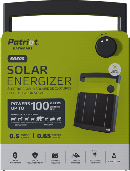 Patriot SG500 Solar Electric Fence Charger - 12V Battery, 0.5J, 30 Mile