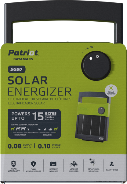 Patriot SG80 Solar Electric Fence Charger - 6V Battery, .08J, 3 Mile