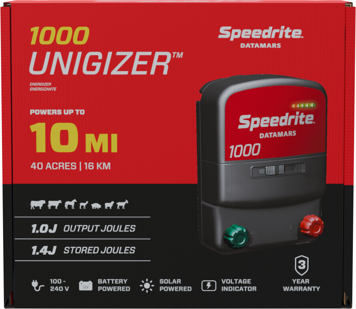 Speedrite 1000 Electric Fence Energizer | Dual Power, Weatherproof | 1 Joule, 10 Mile