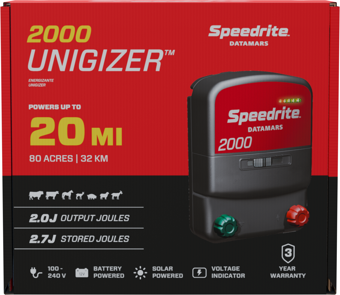 Speedrite 2000 Electric Fence Energizer - Dual Power, Weatherproof, 20 Mile
