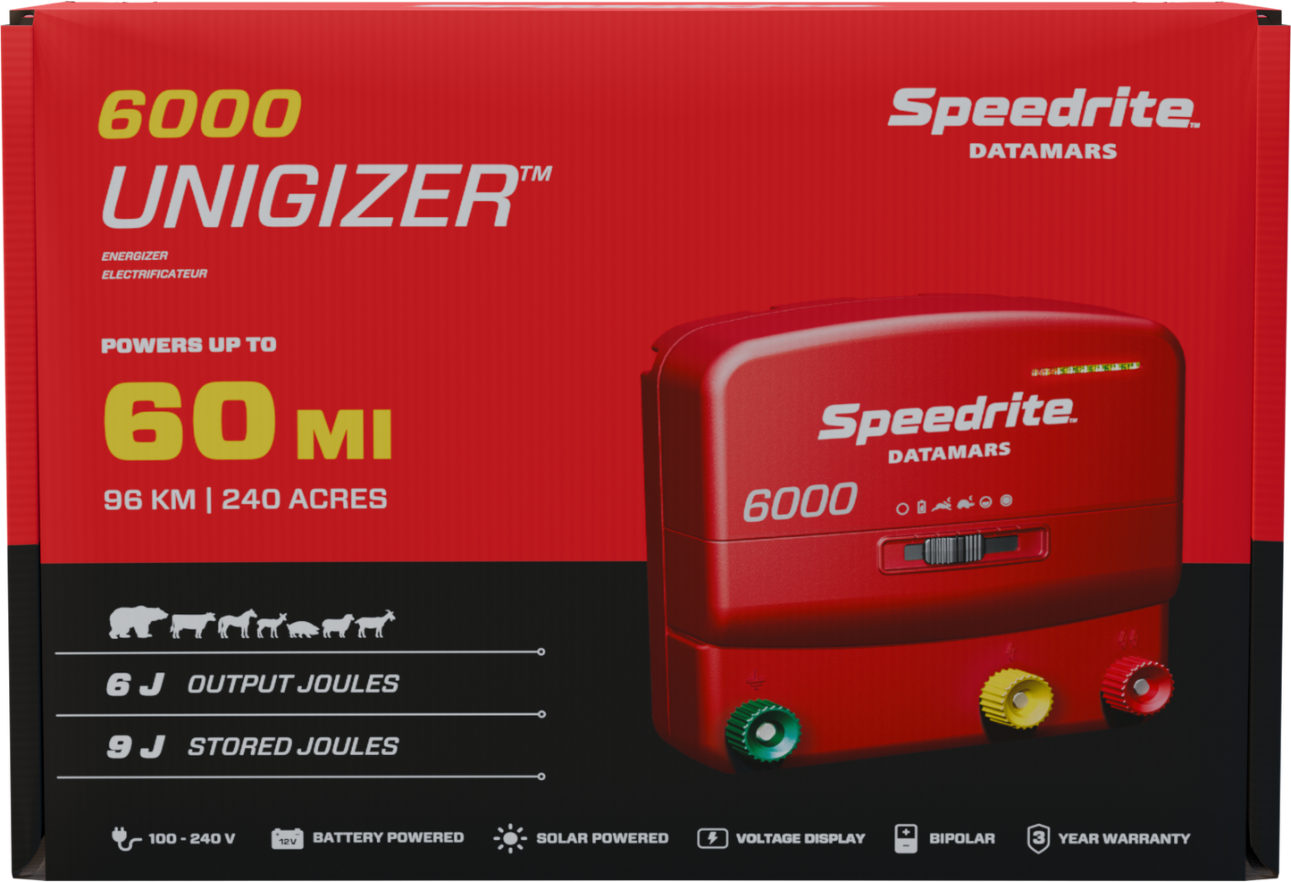 Speedrite 6000 Electric Fence Energizer - Weatherproof, Dual Power, 60 Mile