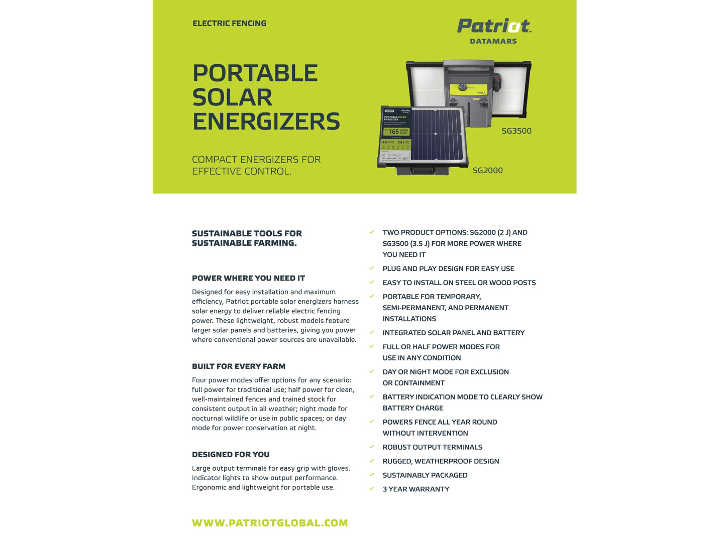 Patriot SG2000 Solar Electric Fence Charger - 12V Battery, 2J, 50 Mile