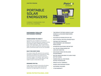 Patriot SG2000 Solar Electric Fence Charger - 12V Battery, 2J, 50 Mile