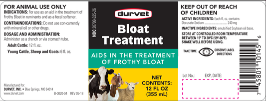 Durvet Bloat Treatment | Frothy Bloat Relief for Cattle, Sheep & Goats | 12 oz.