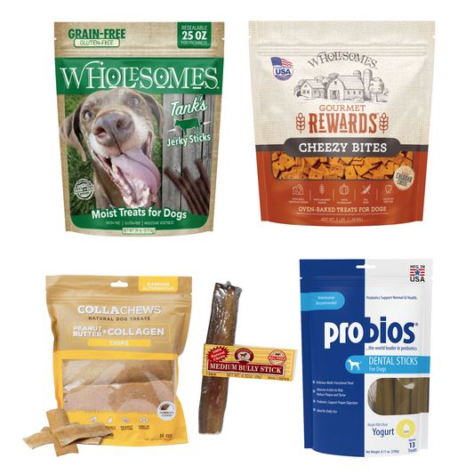 Dog Treat Variety Bundle – Bully Stick, Cheezy Bites, Jerky, Collagen Chips & Dental Chews