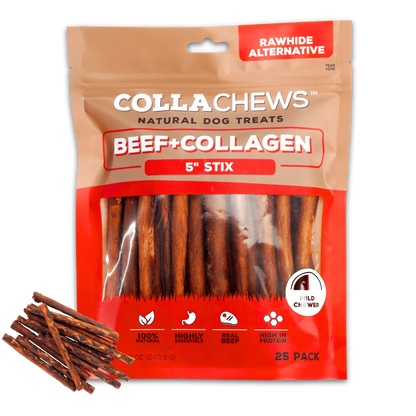 Collachews Beef Collagen Stix | Healthy, Rawhide-Free, Long-Lasting Dog Chews | 25 Pack