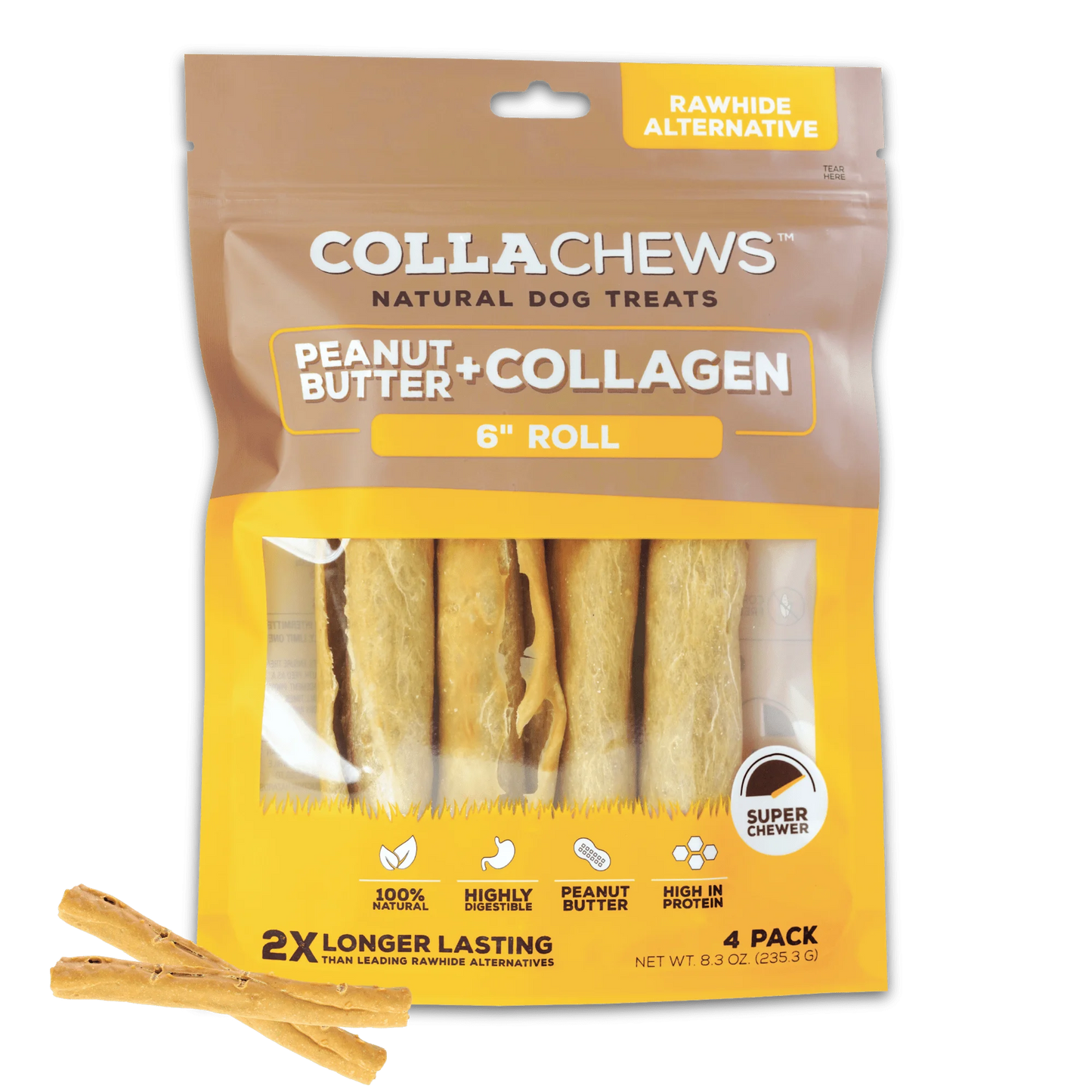 Collachews Collagen Rolls | Healthy, Rawhide-Free, Long-Lasting Dog Chews | 4 Pack