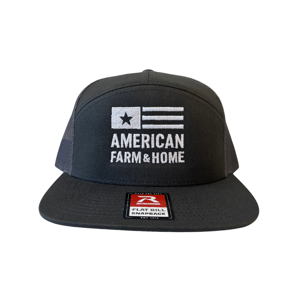 Mesh Snap-Back Richardson 168 Seven Panel Trucker Cap | Charcoal & White | White Logo