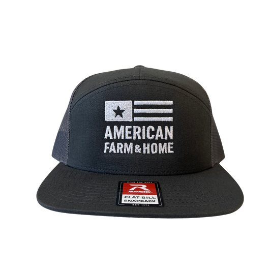 Mesh Snap-Back Richardson 168 Seven Panel Trucker Cap | Charcoal & White | White Logo