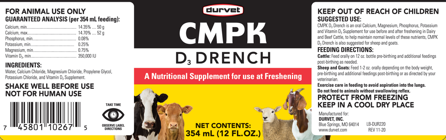 Durvet CMPK D3 Drench | Electrolytes & Vitamin Supplement for Livestock