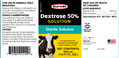 Durvet Dextrose 50% Solution | IV Energy Support for Cattle | 500 ml