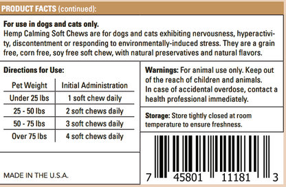 Hemp Calming Soft Chews for Dogs & Cats | Anxiety & Stress Relief | 60 Count
