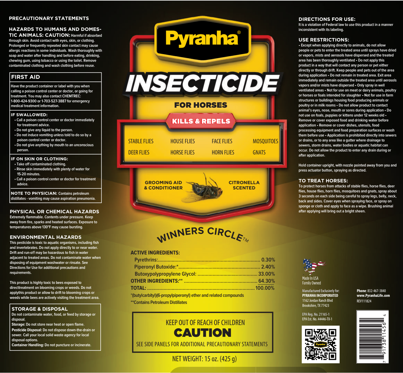 Pyranha Fly Spray for Horses – Insecticide & Show Shine Aerosol 15 oz.