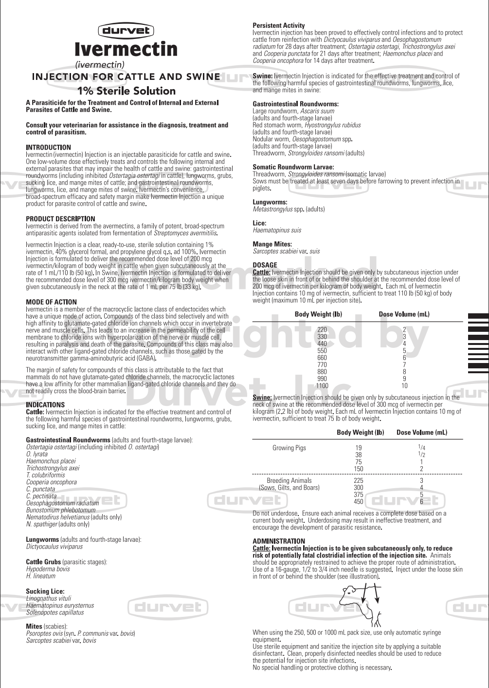 Durvet Ivermectin Injection 1% – Cattle & Swine Wormer, 50-500ml