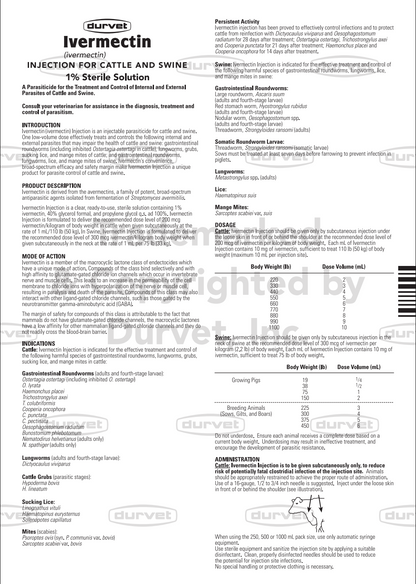 Durvet Ivermectin Injection 1% – Cattle & Swine Wormer, 50-500ml