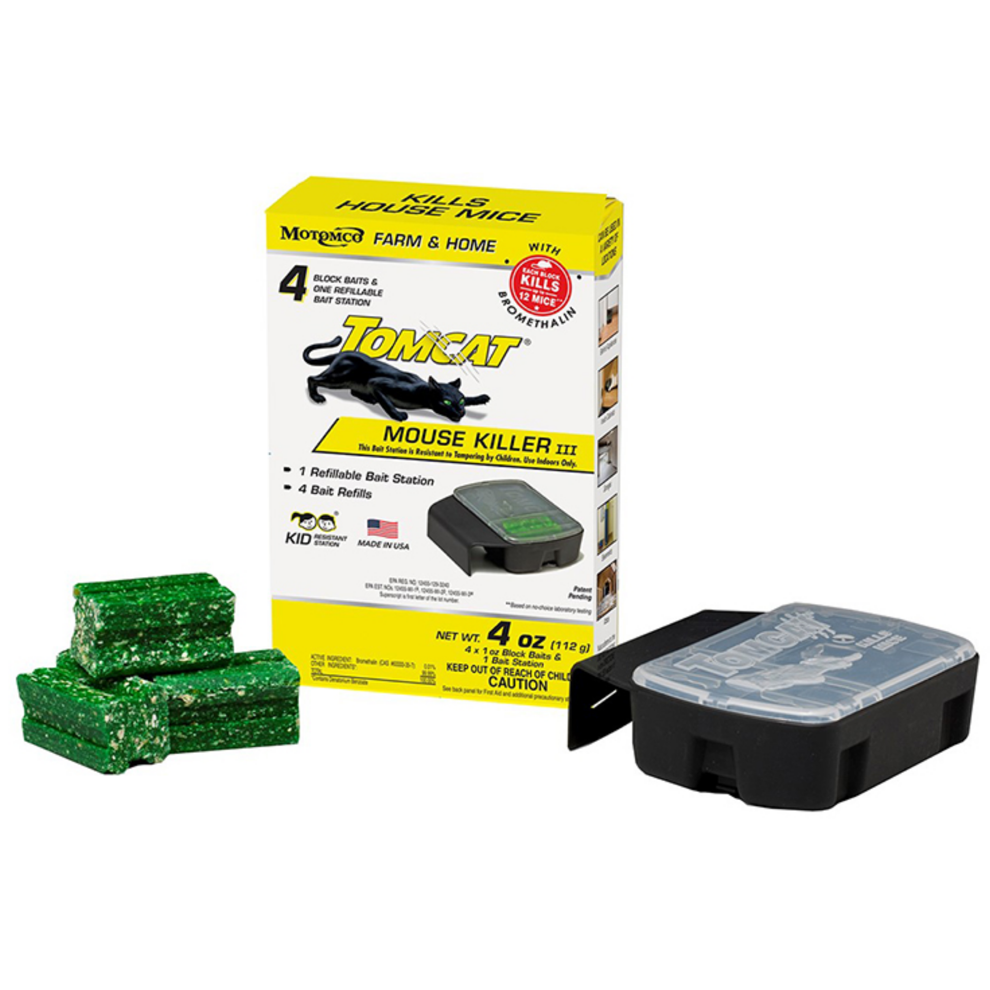 Tomcat Mouse Killer III Refillable Bait Station with 4 x 1 oz. Refills | Kid Resistant, Bromethalin