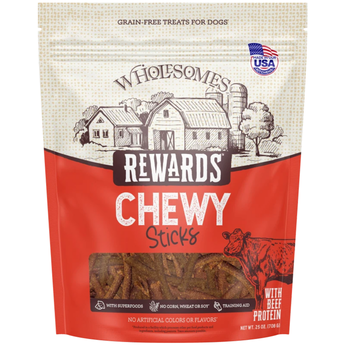 A bag of Wholsomes Rewards Chewy Sticks dog treats on a plain white background. The packaging is red and cream with an illustration of a farm and a clear window showing the chew sticks inside.