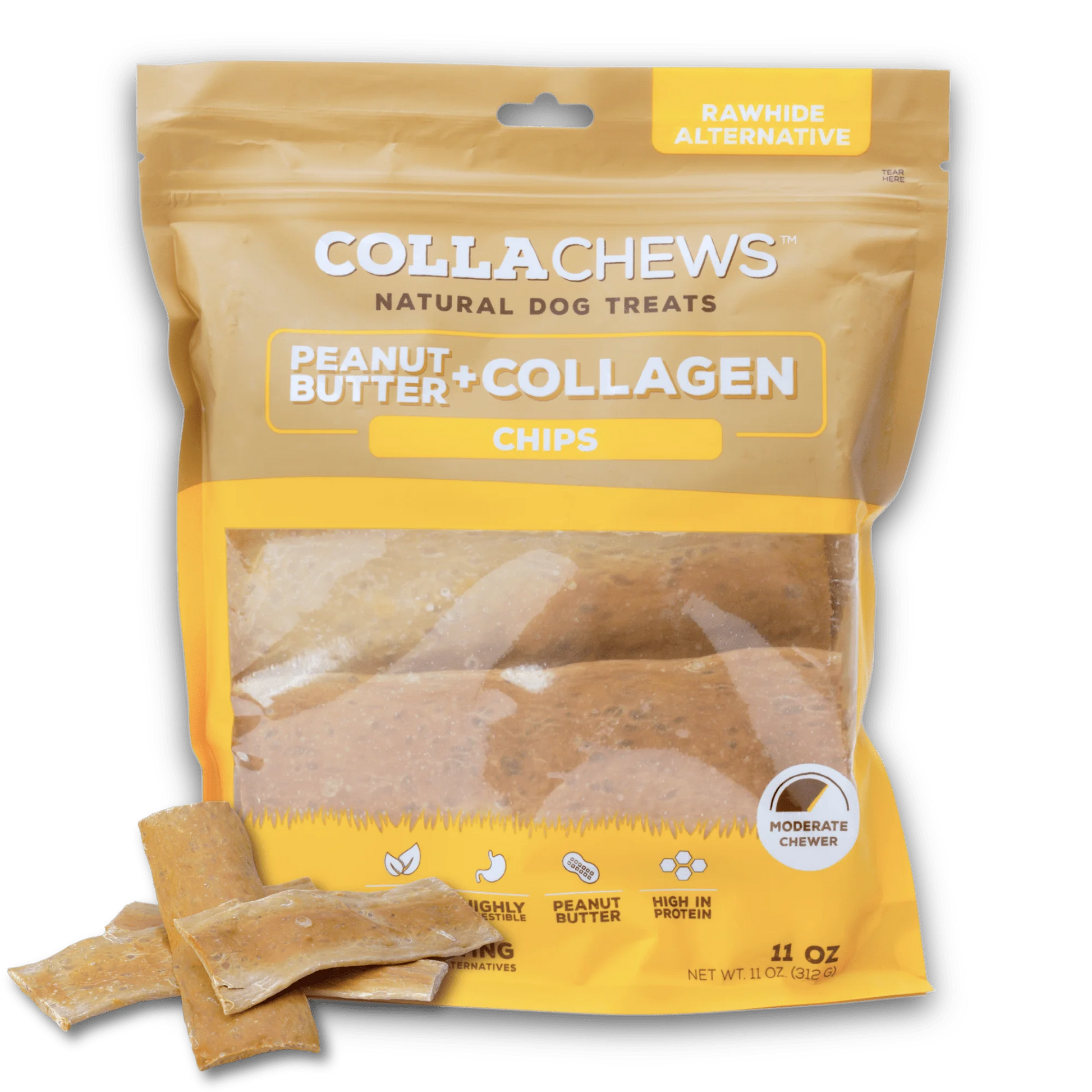 Collachews Peanut Butter Chips | Healthy, Rawhide-Free Collagen Dog Chews | 6 Pack