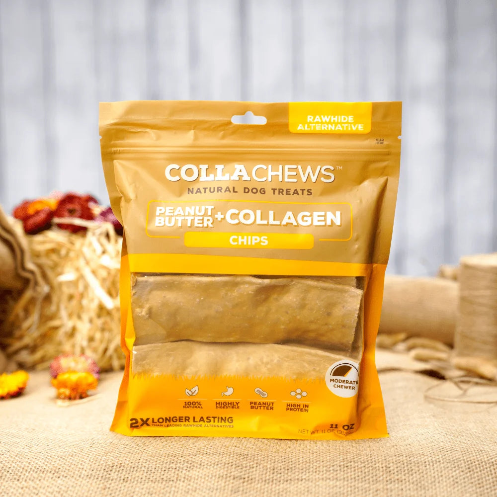 Collachews Peanut Butter Chips | Healthy, Rawhide-Free Collagen Dog Chews | 6 Pack