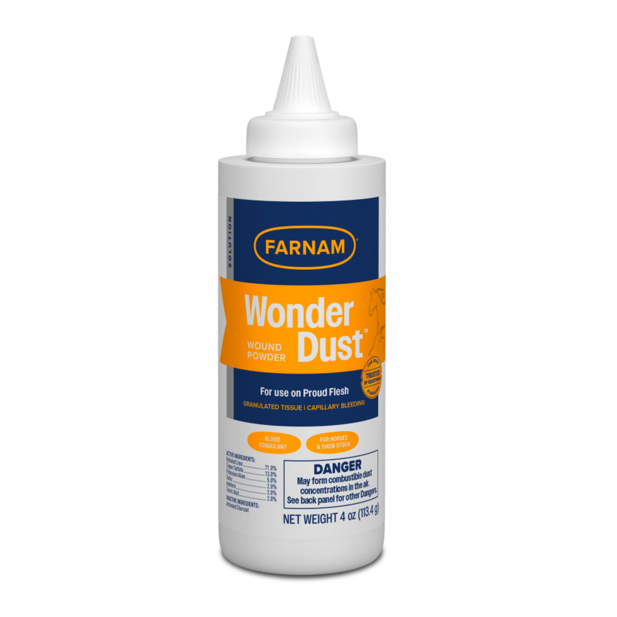 A 4 oz squeeze bottle of Farnam Wonder Dust Wound Powder on a plain white background.