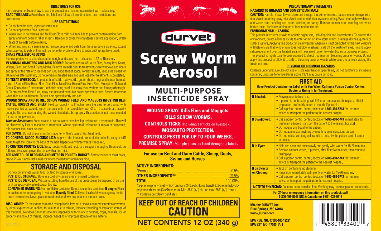 Screw Worm Aerosol Spray for Livestock | Fly, Tick & Mosquito Control | 12 oz.