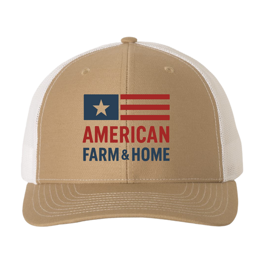 Mesh Snap-back Richardson 112 Khaki/White Hat | Red, White, Blue Logo