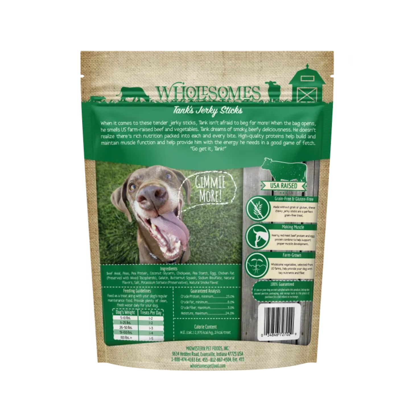 Wholesomes Tank’s Beef Jerky Sticks | Grain-Free Dog Treats with USA Beef | 25 oz. Bag