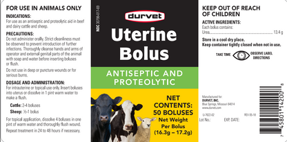 Durvet Uterine Bolus | Antiseptic & Proteolytic Aid for Cattle & Sheep | 50 Count