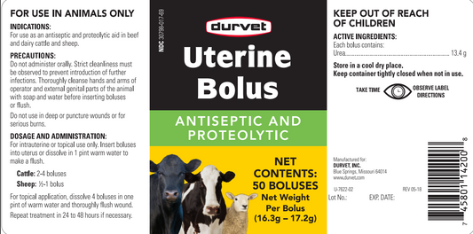 Durvet Uterine Bolus | Antiseptic & Proteolytic Aid for Cattle & Sheep | 50 Count